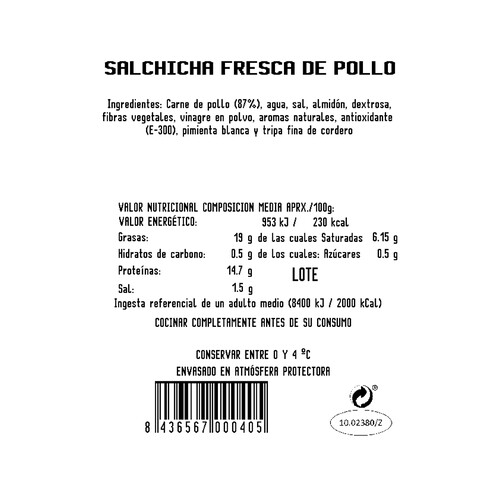 Bandeja con salchichas frescas de pollo de origen español MONTFOIX 240 g.