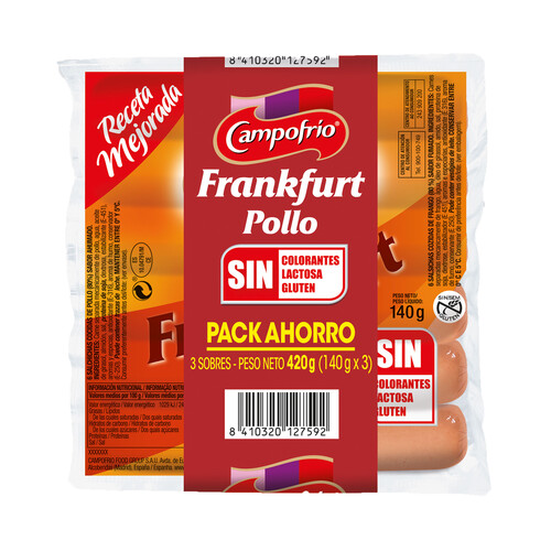 CAMPOFRÍO Salchichas cocidas de pollo sabor ahumado, tipo Frankfurt CAMPOFRÍO 3 x 140 g.