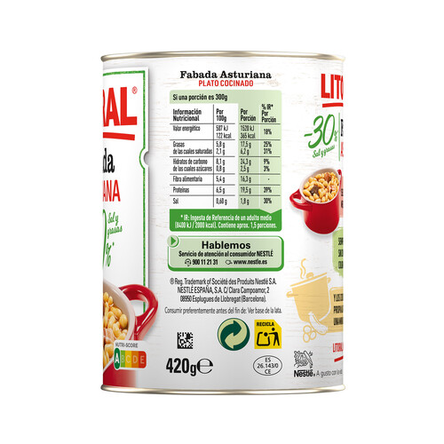 LITORAL Fabada Asturiana -30% sal y grasas LITORAL 420 g.