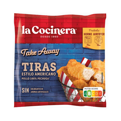 LA COCINERA Take away Tiras de pollo congelado (100% pechuga de pollo) estilo americano 360 g.