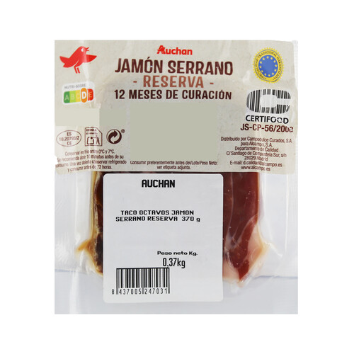 AUCHAN Taco de jamón serrano reserva (12 meses de curación) 370 g. Producto Alcampo