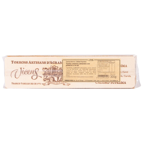 VICENS Turrón cremoso de almendra con pistacho a la sal 300 g.