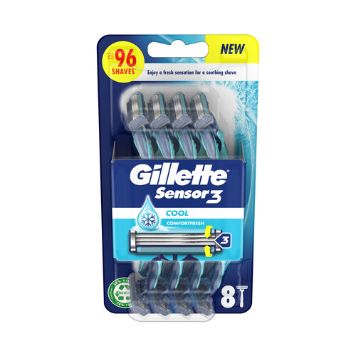 GILLETTE Maquinilla de afeitar desechable con cabezal pivotante de 3 hojas GILLETTE Sensor 3 cool 8 uds.