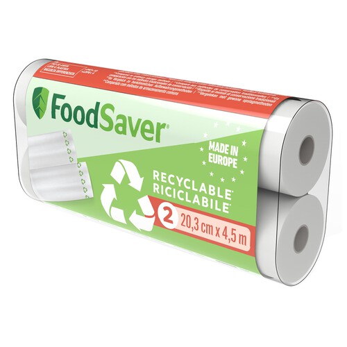 Pack de 2 rollos reciclables para envasar al vacío FOODSAVER FSRE2002X, 20,3cm de ancho x 4,5m longitud.