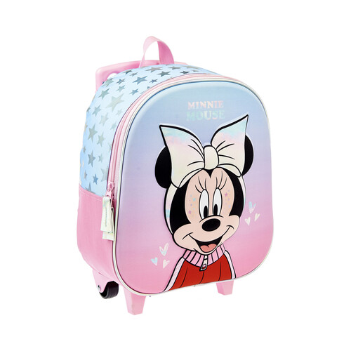 Mochila 3D con ruedas trolley, MINNIE, color rosa y azul, ALCAMPO.