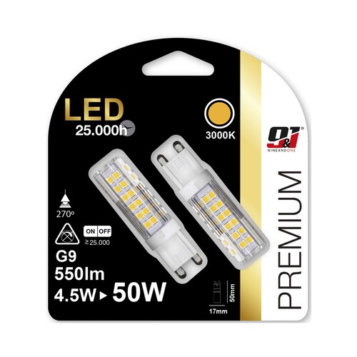 Pack de 2 bombillas Led G9, 4,5W=50W, luz cálida 3000K, NINE&ONE Premium.