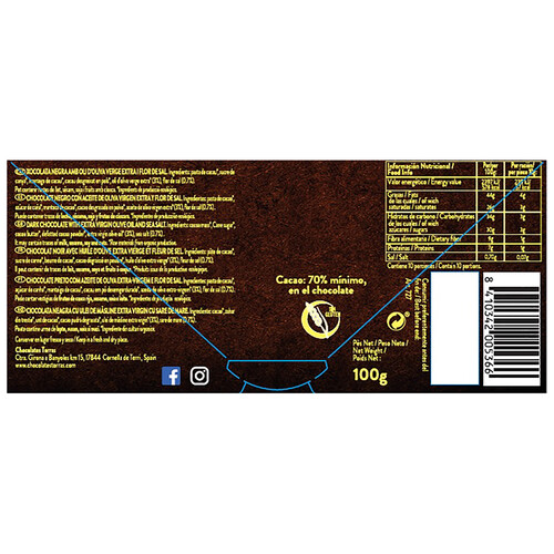 TORRAS Chocolate negro ecológico 100 % cacao TORRAS ORGANIC 100 g..