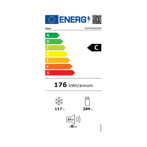 Frigorífico combi 205cm HAIER HDPW5620CNPK, NO FROST, clasificación energética: C, H: 205cm, A: 59,5cm, F: 66,7cm, capacidad total: 406L.