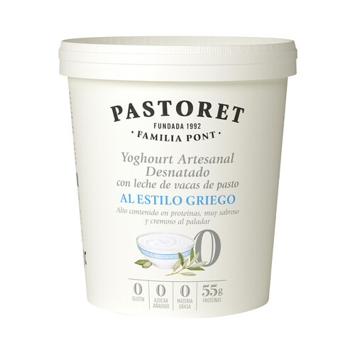 PASTORET Yogur artesanal desnatado (0% materia grasa) estilo griego, sabor natural 900 g.