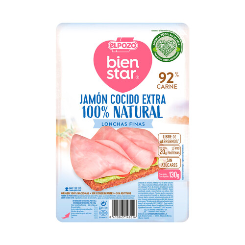 ELPOZO Jamón cocido extra 100% natural lonchas finas 92% carne 130 g.