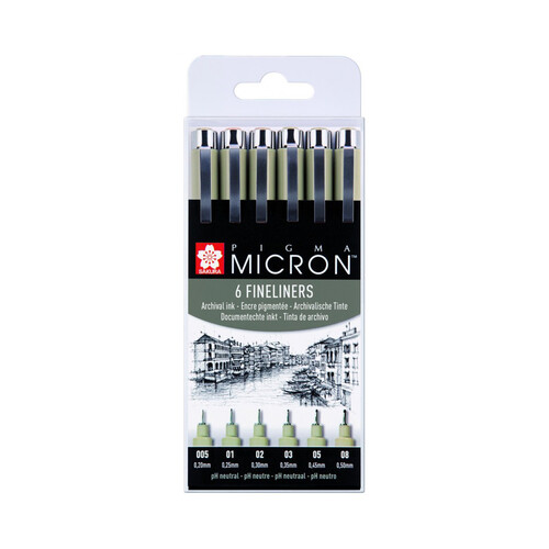 Set 6 pigma micron, color negro tinta archival, SAKIRA.