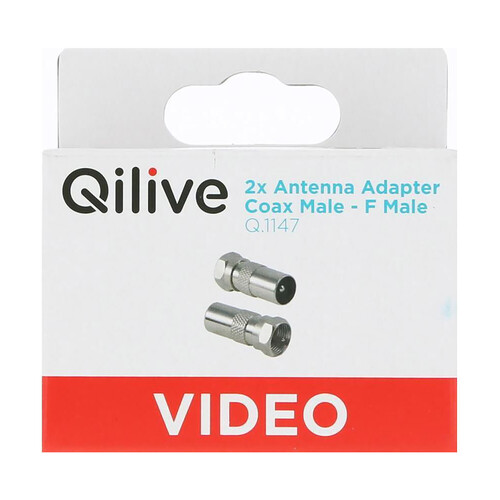 Adaptador antena QILIVE coaxial macho a hembra.