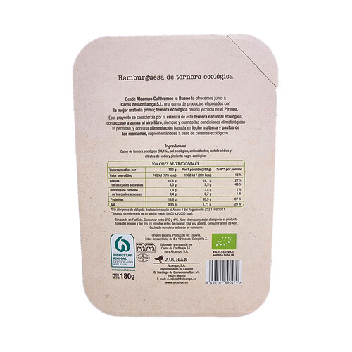 ALCAMPO CULTIVAMOS LO BUENO ECOLÓGICO Hamburguesa de ternera bio XL 180 g.