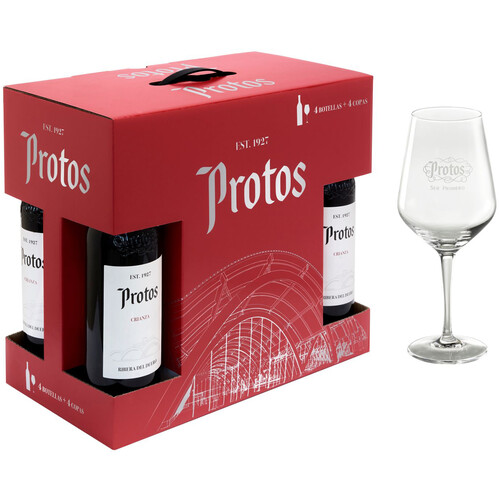 PROTOS  Estuche con 4 botellas de vino tinto crianza con D.O. Ribera del Duero + 4 copas PROTOS.