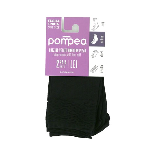 Pack de 2 pares de tobilleros con puño de encaje, POMPEA, color negro, talla única.