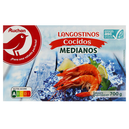 AUCHAN Langostinos blancos medianos 35/45, cocidos y ultracongelados 700 g (P.N). Producto Alcampo