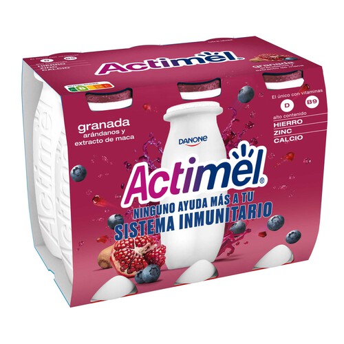 ACTIMEL Leche fermentada con Lcasei y con granada, arándanos y extracto de Maca de Danone 6 x 100 g.