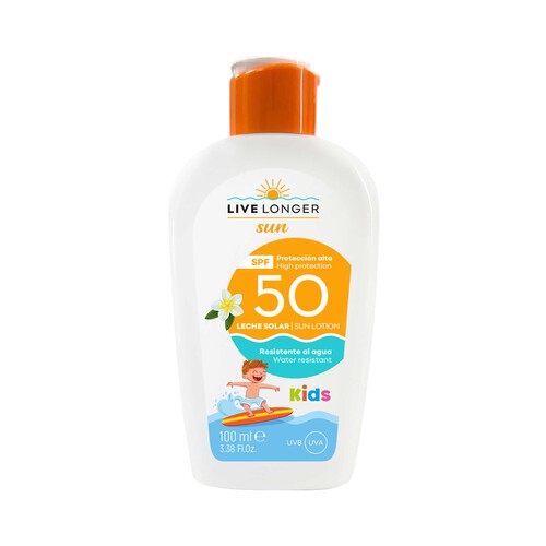 LIVE LONGER Sun Leche protectora solar especial para niños con FPS 50 (muy alto) 100 ml.