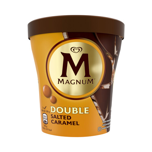 MAGNUM Double Tarrina de helado de vainilla con salsa de caramelo salado, con capa y laminas crujientes de chocolate 440 ml.