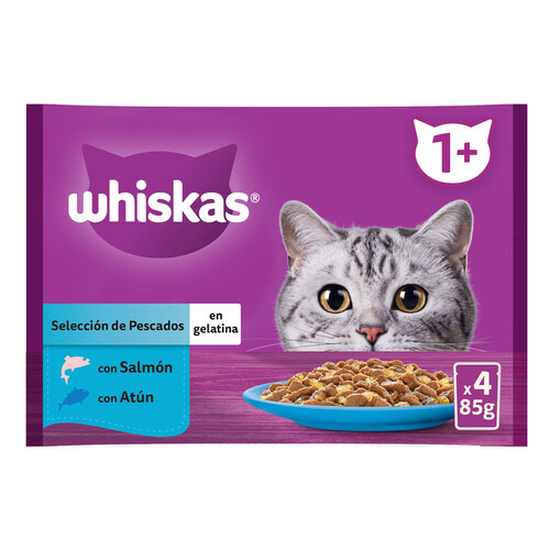 WHISKAS Pienso húmedo para gatos bolsa pescado gelatina 4x85 gr.