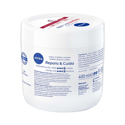 NIVEA Repara & cuida Crema corporal (cara, cuerpo y manos) hidratante, para pieles extra seca y ásperas 400 ml.