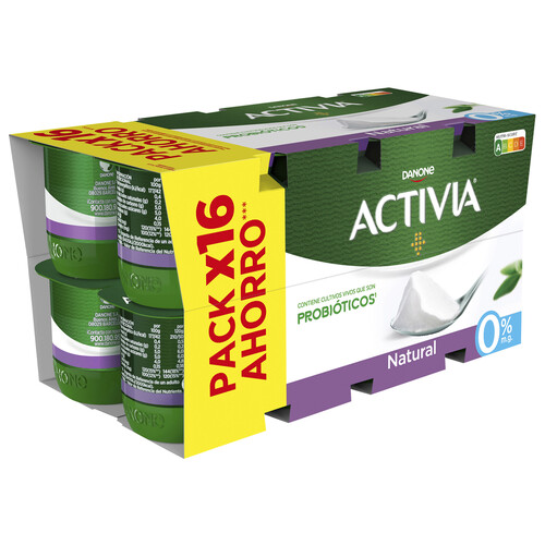 ACTIVIA Bífidus desnatado (0% materia grasa) y sabor natural 0% de Danone 16 x 120 g.