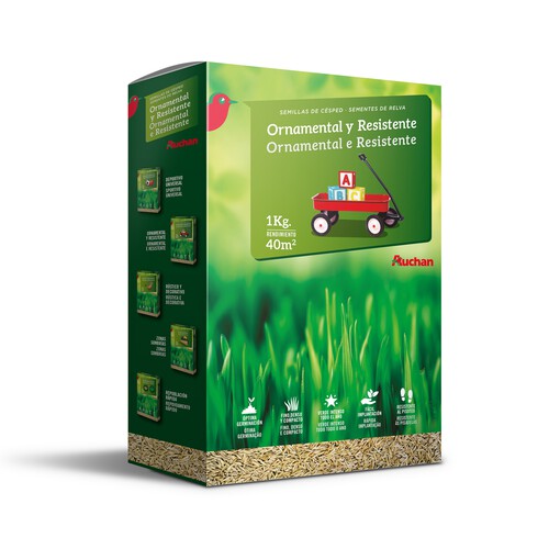 Caja de 1 kilogramo con semillas para plantar cesped ornamental muy resistente al pisoteo PRODUCTO ALCAMPO.