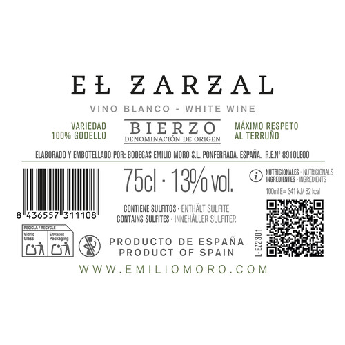 EL ZARZAL  Vino blanco Godello con D.O. Bierzo botella de 75 cl.