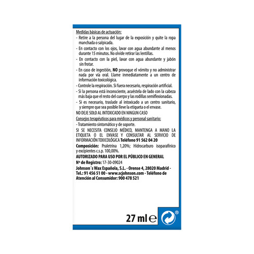 RAID Recambio insecticida eléctrico líquido, eucalipto RAID 27 ml.