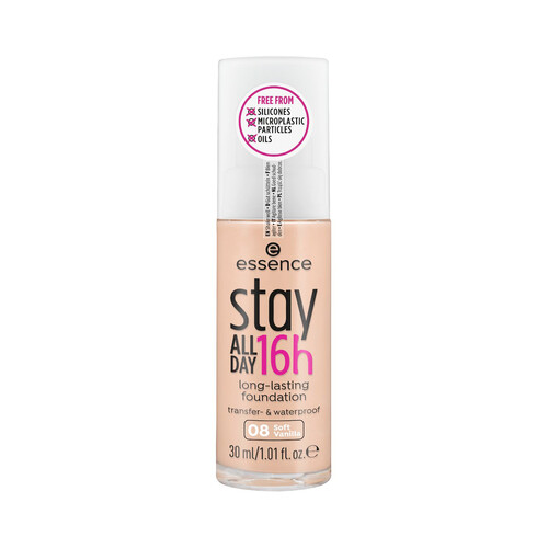 ESSENCE Stay all day 16h tono 08 Soft Vainilla Base de maquillaje de larga duración, con una cobertura media a alta y resistente al agua 30 ml.