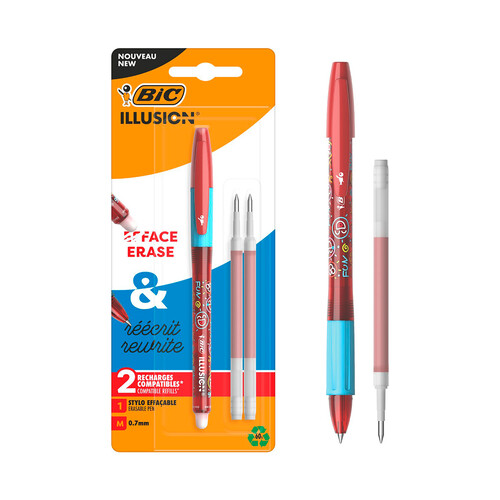 Bolígrafo BIC borrable Illusion con 2 recambios color rojo.