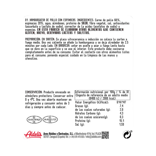 Bandeja con hamburguesas de pollo con espicanas ALDELÍS 313 g.