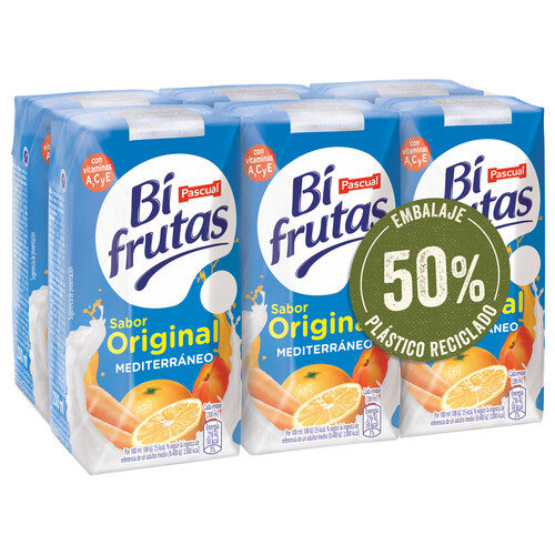 BIFRUTAS Leche con zumo de frutas mediterráneas y 0% materia grasa BIFRUTAS de Pascual 6 x 200 ml.