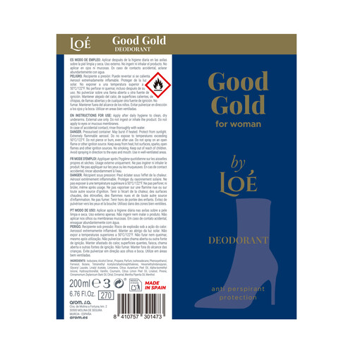 LOÉ Good gold Desodorante en spray para mujer con protección antitranspirante 200 ml.