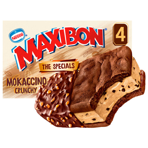 MAXIBON Sándwich de helado de café con leche, con trozos de chocolate y galleta caramelizada 4 x 90 ml.