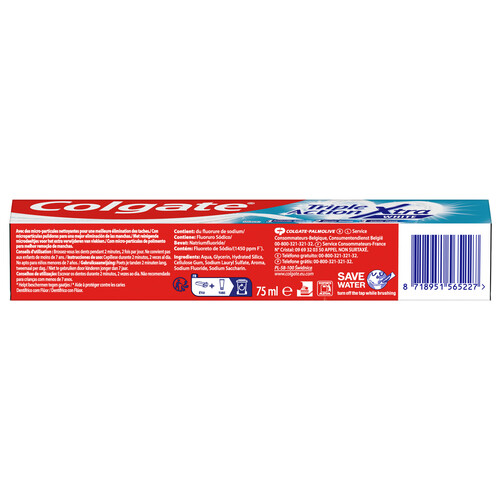 COLGATE Xtra white Pasta de dientes con flúor y triple acción (anticaries, blanqueante y aliento fresco) 75 ml.