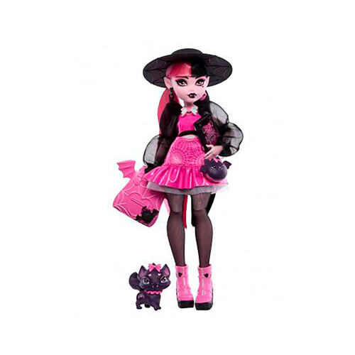 MONSTER HIGH Draculaura Muñeca articulada con mascota y accesorios de moda, 25cm juguete +4 años