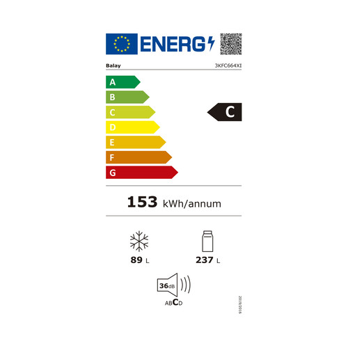 Frigorífico combi 186cm BALAY 3KFC664XI, NO FROST, clasificación energética: C, H: 186cm, A: 60cm, F: 66cm, capacidad total: 326L.