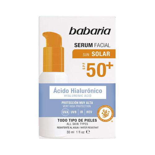 BABARIA Sérum protector solar hidratante, con ácido Hialurónico y FPS 50+ 30 ml.
