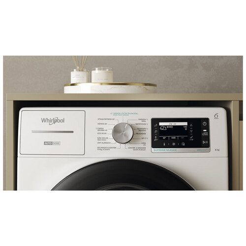 Lavadora WHIRLPOOL W8 89AD SILENCE SPT 8KG, color blanco, clasificación energética: A, 1400RPM, H: 84,5cm, A: 59,9cm, F: 60,7cm.