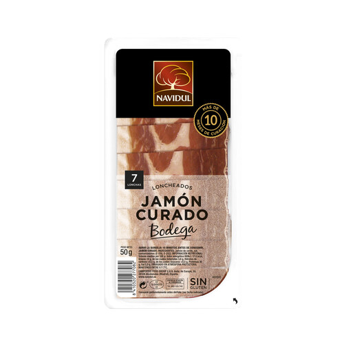 Jamón curado de bodega, sin gluten y cortado en finas lonchas NAVIDUL 50 g.