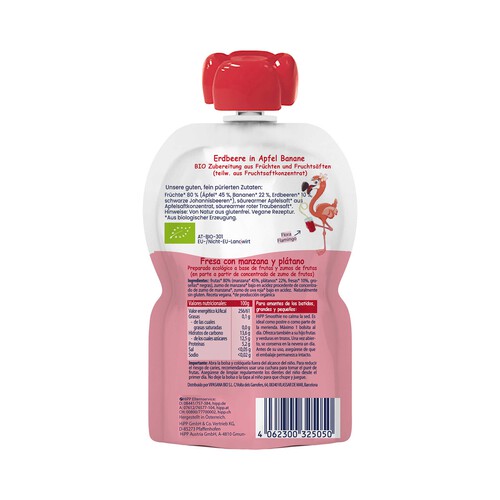 HIPP Bio Bolsita de smoothie de fresa, con manzana y plátano, ecológicos, a partir de 6 meses 120 ml.