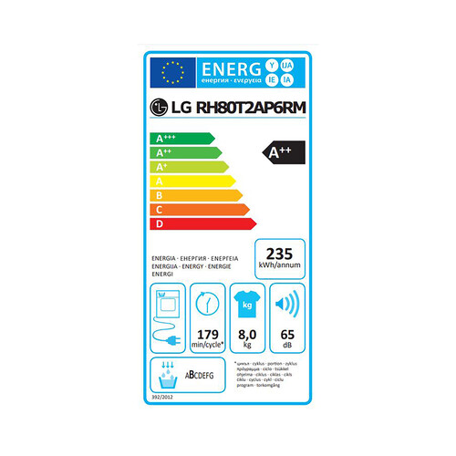 Secadora por condensación con bomba de calor LG RH80T2AP6RM, capacidad de secado: 8KG, clasificación energética: A++, H: 85cm, A: 60cm, F: 61cm.