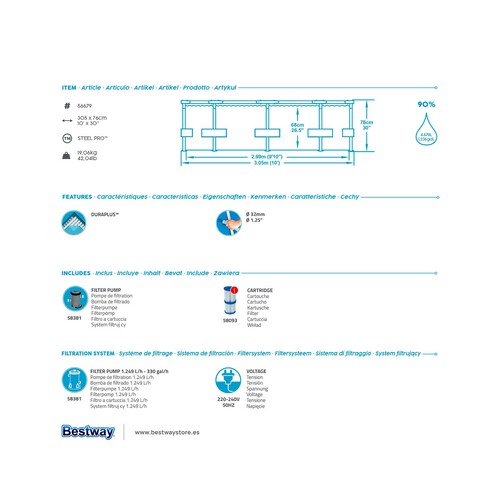 Piscina tubular con estructura metálica BESTWAY medidas 3,66X0,76 mts., con depuradora 1.249 litros/hora