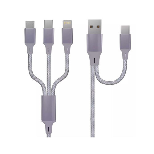 Cable de carga QILIVE 5 en 1 color lila, Lightning / USB C, longitud de 1,2m.