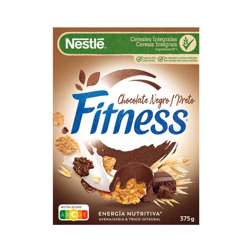 NESTLÉ Fitness Copos de trigo integral, arroz y avena integral, recubiertos de chocolate negro 375 g.