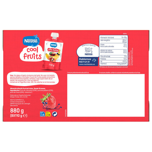 NESLTÉ Cool fruits Bositas (pouch) fruta (plátano, fresa y manzana, a partir 6 meses 8 x 110 g.