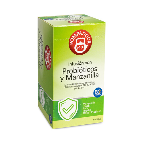 POMPADOUR Infusión con probióticos y manzanilla 15 uds. 26 g.
