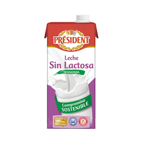 PRESIDENT Leche de vaca desnatada y sin lactosa de origen 100% española  1 l.