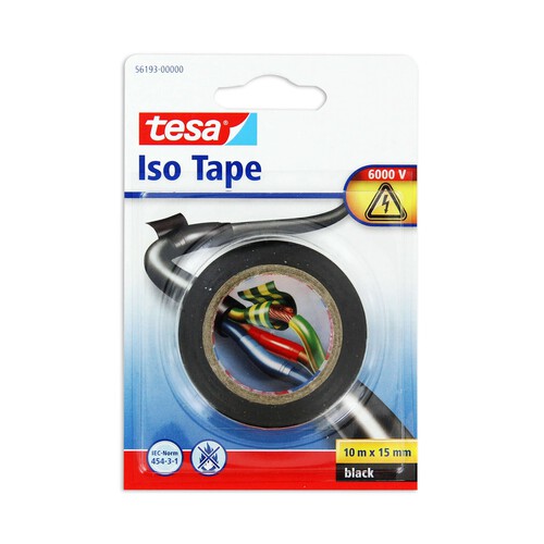 Rollo de 10 metros de de cinta aislante adhesiva de 15 milímetros y color negro TESA Iso tape.
